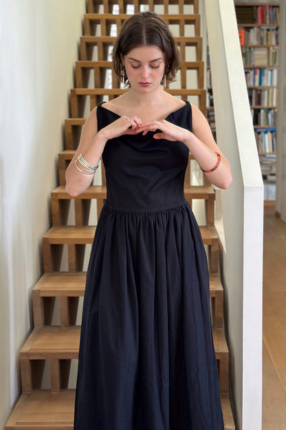 The Celia Cowl Neck Dress in Handwoven Organic Cotton - Black Twill