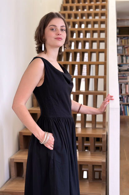 The Celia Cowl Neck Dress in Handwoven Organic Cotton - Black Twill