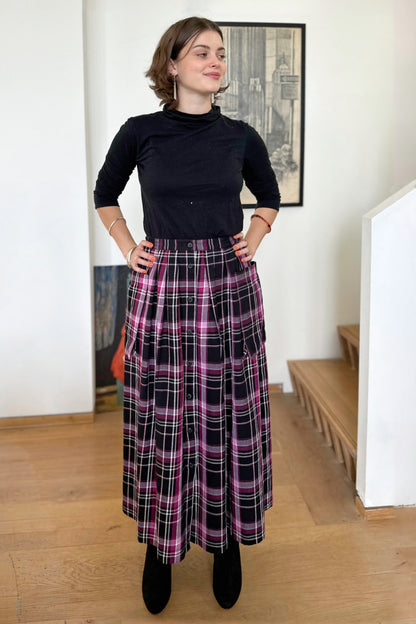 Ruth Skirt in Handwoven Organic Cotton -  Berry & Black Check