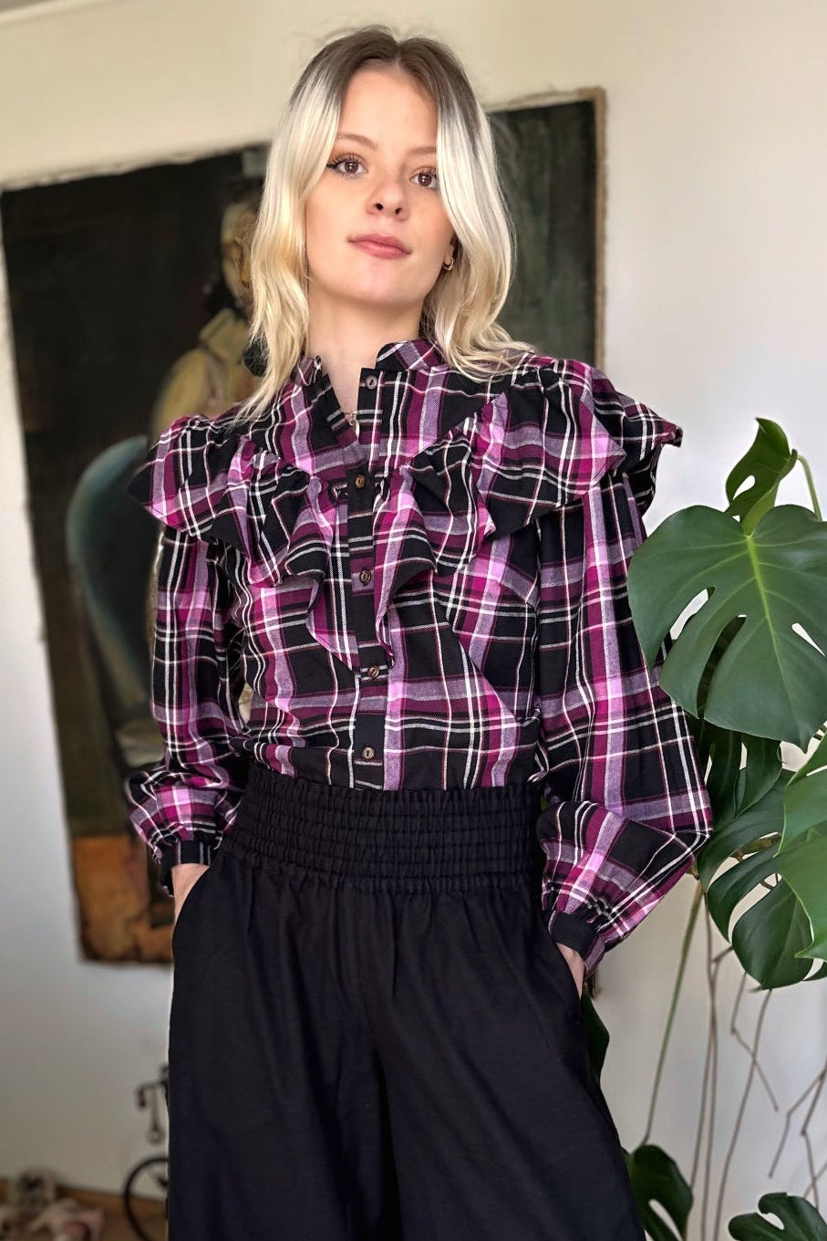 Statement Frill Shirt - Berry & Black Check