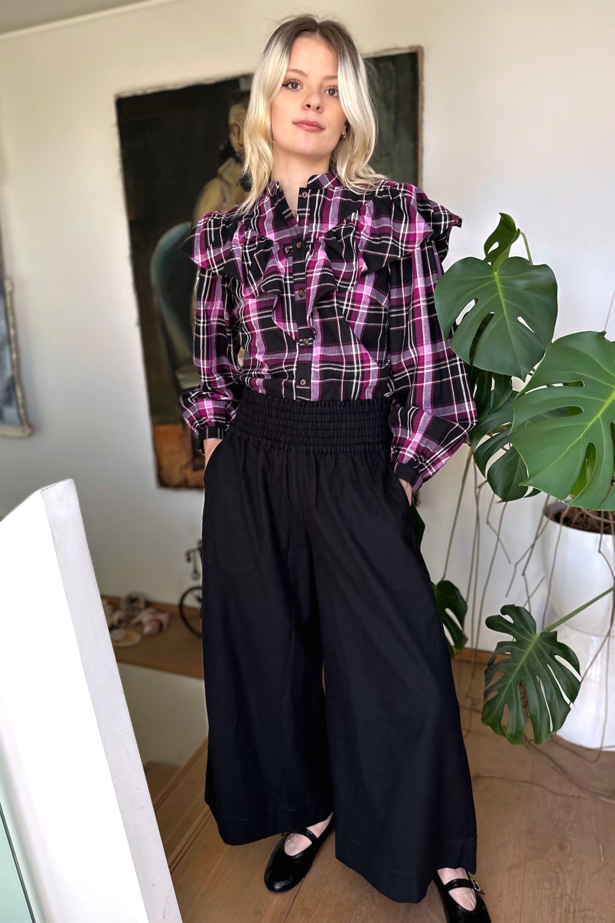 Wide Leg Trousers in Handwoven Organic Cotton - (Medium Weight Twill) - Solid Black