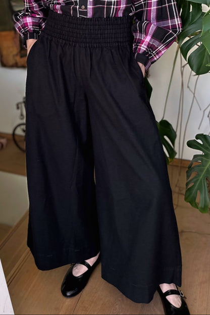 Wide Leg Trousers in Handwoven Organic Cotton - (Medium Weight Twill) - Solid Black