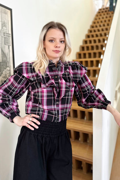Statement Frill Shirt - Berry & Black Check