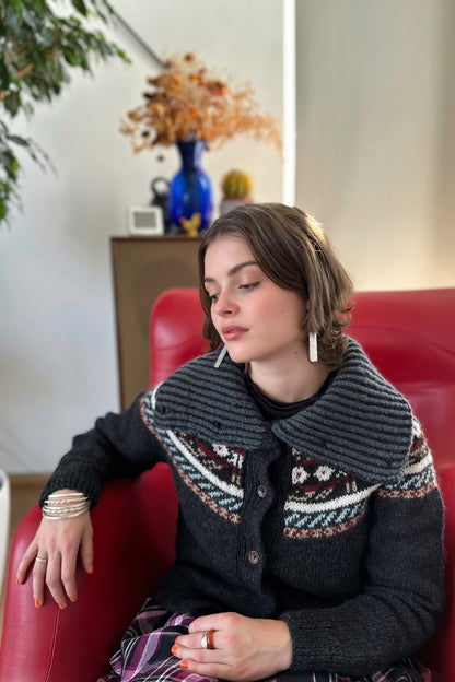 The Phoebe Cardigan with Funnel Neck - Hand Knit with Multi-Pattern in Natural Dark Grey