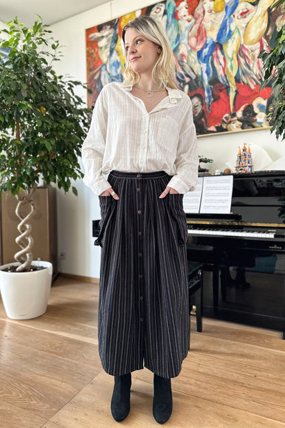 Ruth Skirt in Handwoven Organic Cotton - Black Stripe Stitch