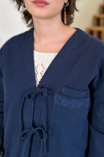 Shay Tie Jacket - Navy Twill with Hand Embroidery