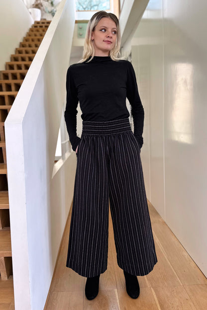 Wide Leg Trousers in Handwoven Organic Cotton - Black Stripe