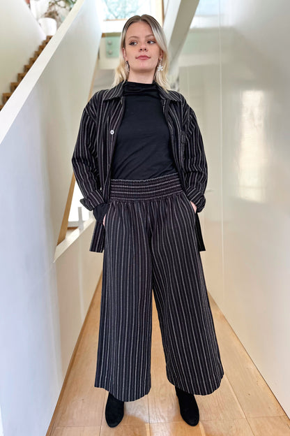 Wide Leg Trousers in Handwoven Organic Cotton - Black Stripe