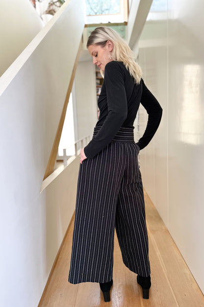 Wide Leg Trousers in Handwoven Organic Cotton - Black Stripe
