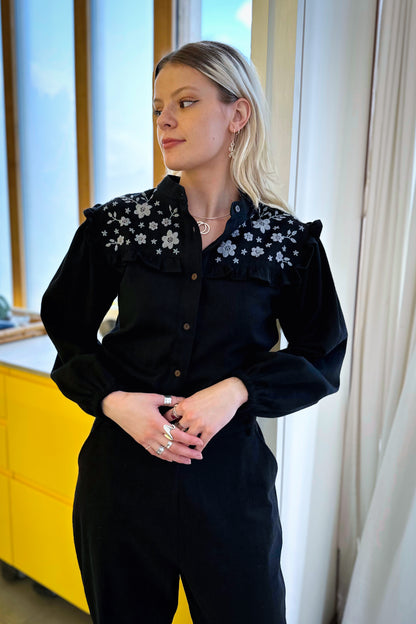 Yuka Yoke Frill Blouse with Hand Embroidery - Black