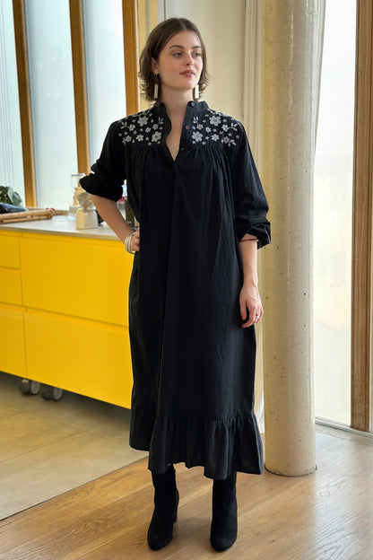 Yuka Yoke Frill Dress with Hand Embroidery - Black