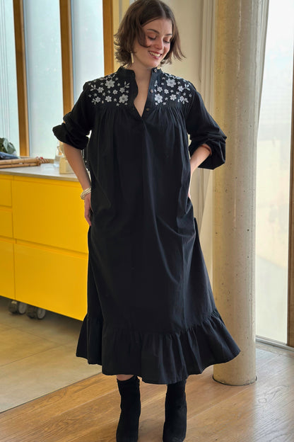 Yuka Yoke Frill Dress with Hand Embroidery - Black
