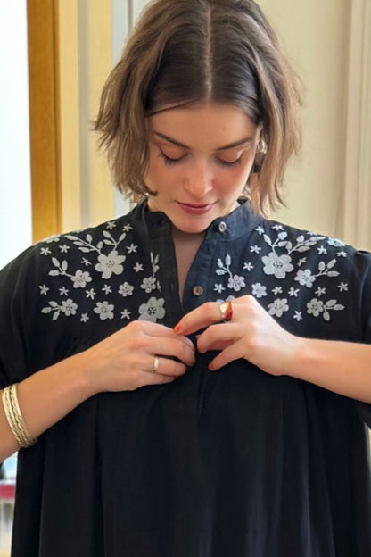 Yuka Yoke Frill Dress with Hand Embroidery - Black