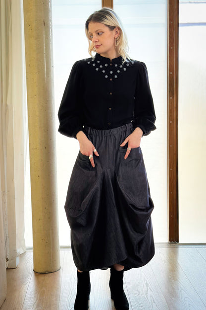 Beth Flower Blouse- Hand Embroidered - Black Twill