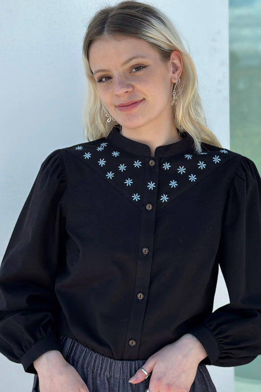 Beth Flower Blouse- Hand Embroidered - Black Twill