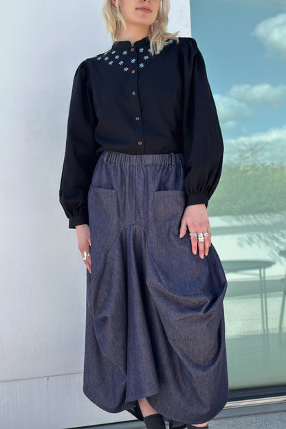 Beth Flower Blouse- Hand Embroidered - Black Twill