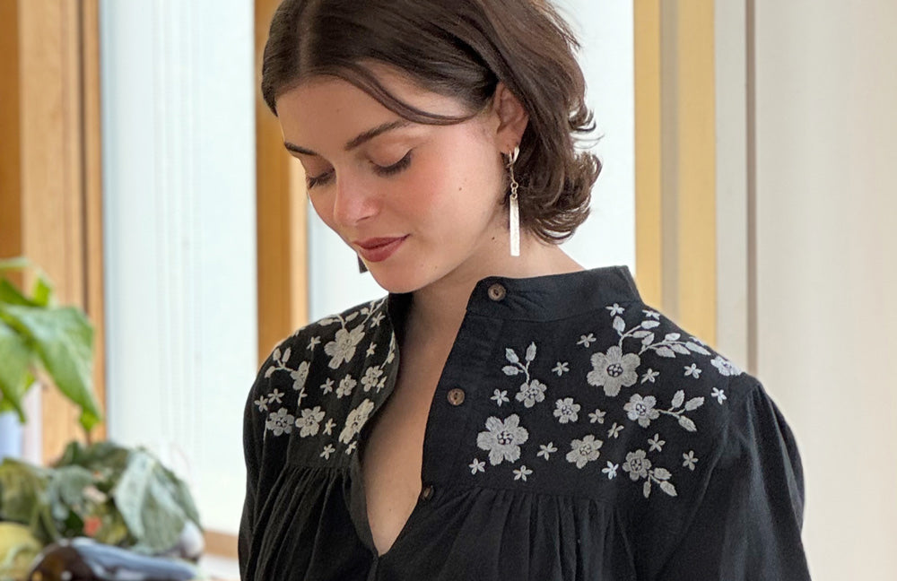 Yuka Yoke Frill Blouse with Hand Embroidery - Black