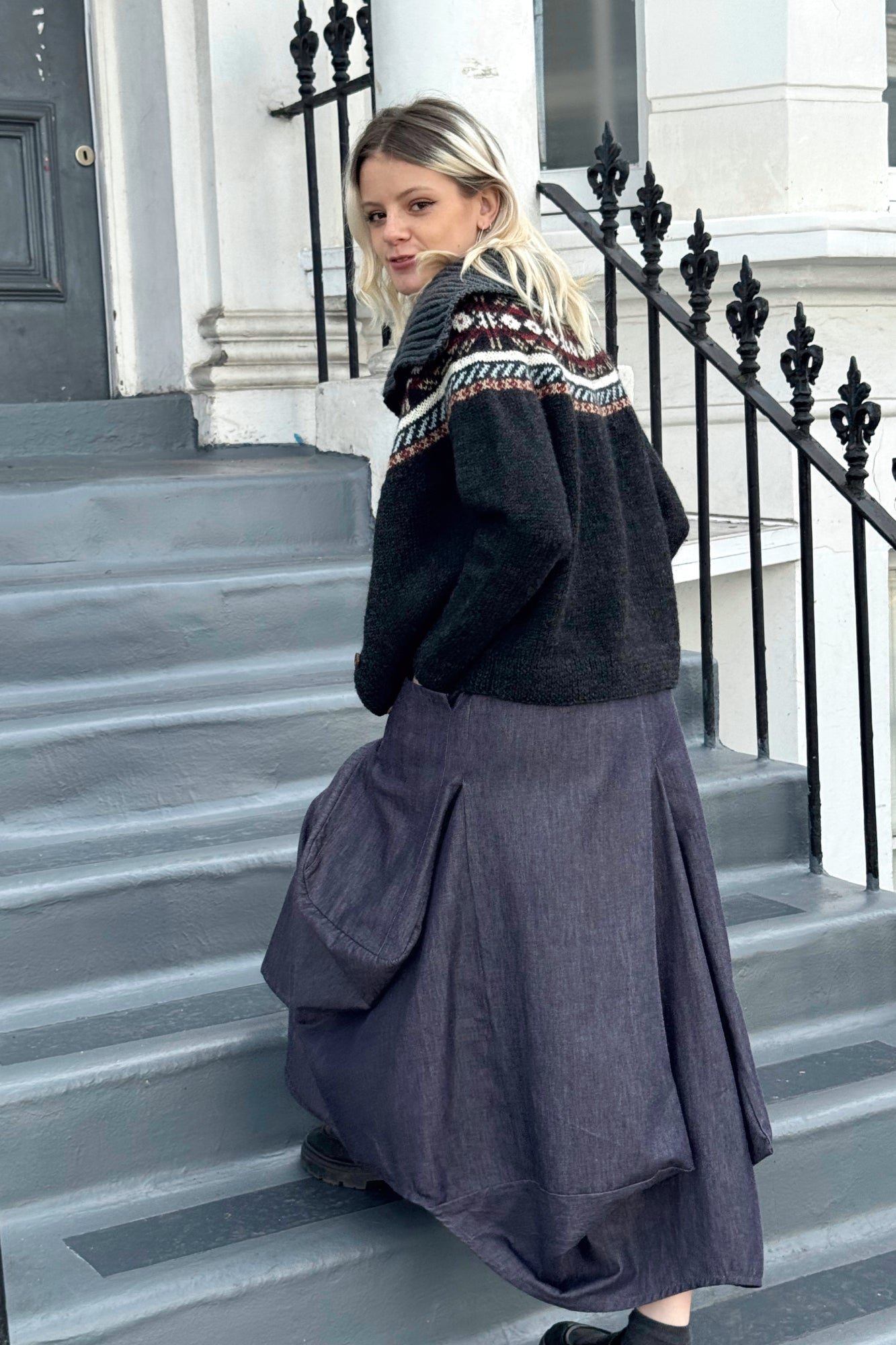 The Phoebe Cardigan with Funnel Neck - Hand Knit with Multi-Pattern in Natural Dark Grey