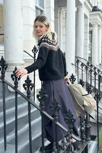 The Phoebe Cardigan with Funnel Neck - Hand Knit with Multi-Pattern in Natural Dark Grey