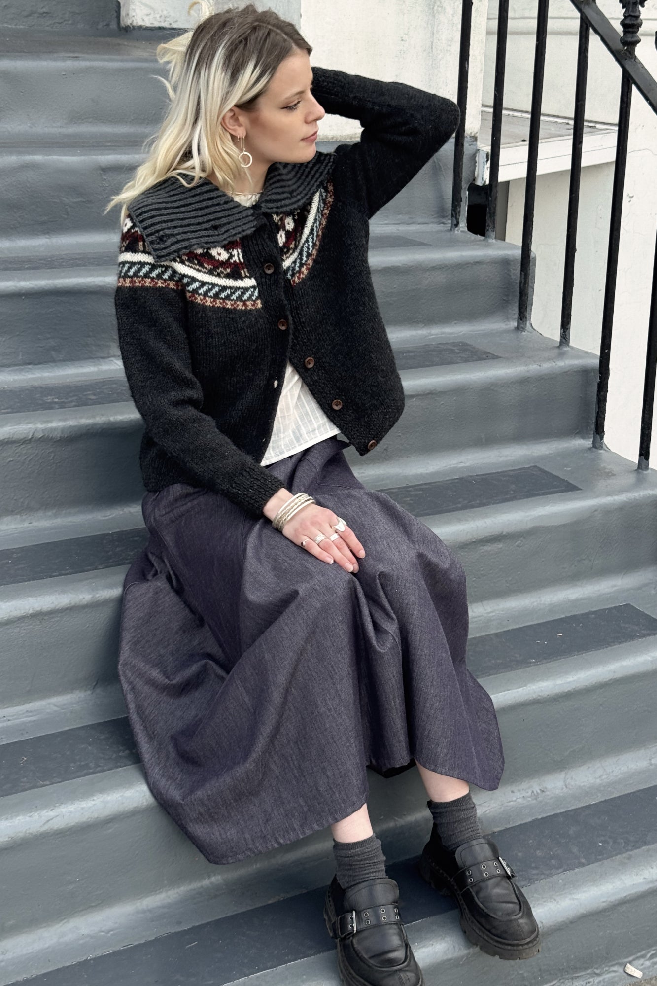 The Phoebe Cardigan with Funnel Neck - Hand Knit with Multi-Pattern in Natural Dark Grey
