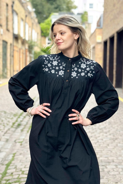Yuka Yoke Frill Dress with Hand Embroidery - Black