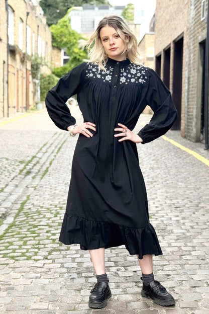 Yuka Yoke Frill Dress with Hand Embroidery - Black