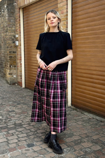 Ruth Skirt in Handwoven Organic Cotton -  Berry & Black Check