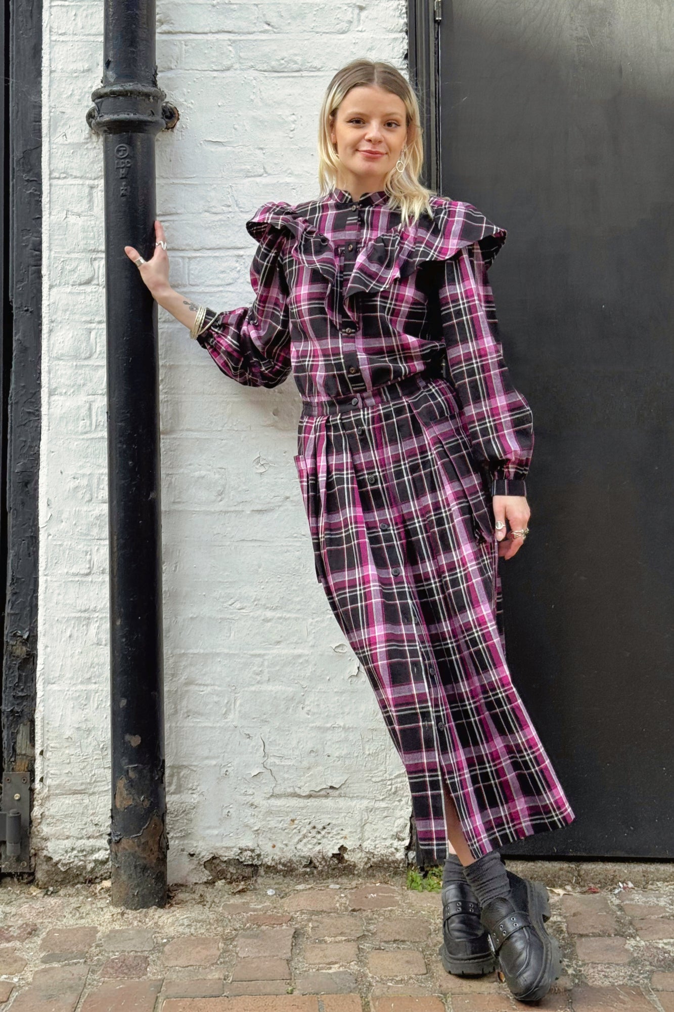 Ruth Skirt in Handwoven Organic Cotton -  Berry & Black Check