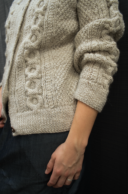 The Chloe Cardigan with Funnel Neck - Hand Knit in Natural Light Grey