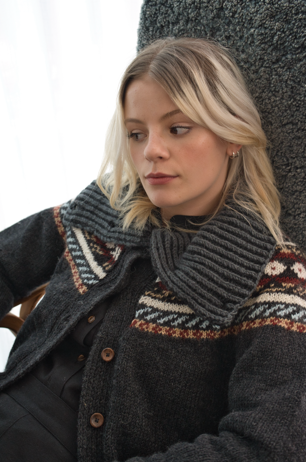 The Phoebe Cardigan with Funnel Neck - Hand Knit with Multi-Pattern in Natural Dark Grey