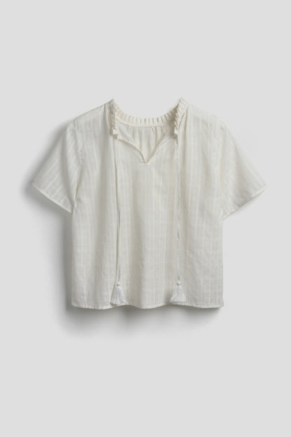 Shayla Top - Reversible Frill-Neck - White Self-Check