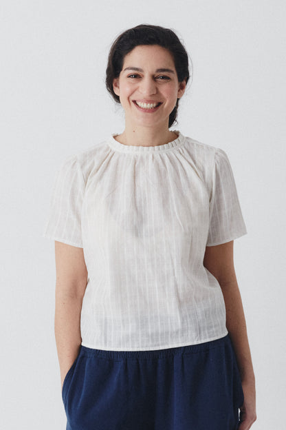 Shayla Top - Reversible Frill-Neck - White Self-Check