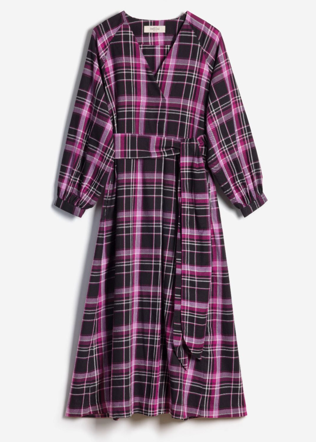 Detailed close-up showing the rich woven berry and black check fabric pattern and texture of the Amelia Dress product shot