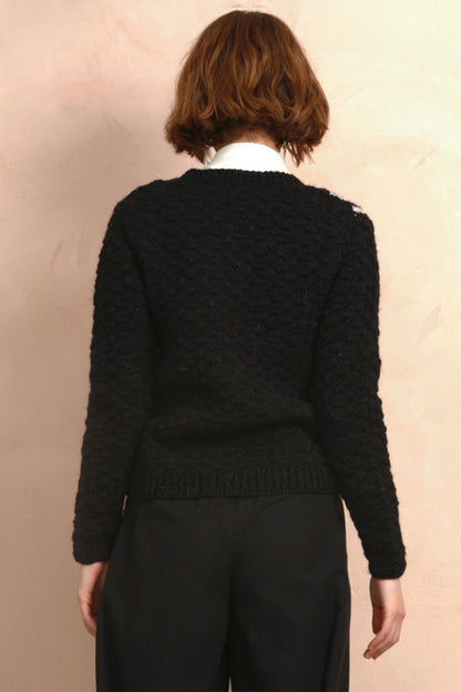 Two-Tone Hand-Crocheted Cardigan - Black & White - 100% Sheep Wool