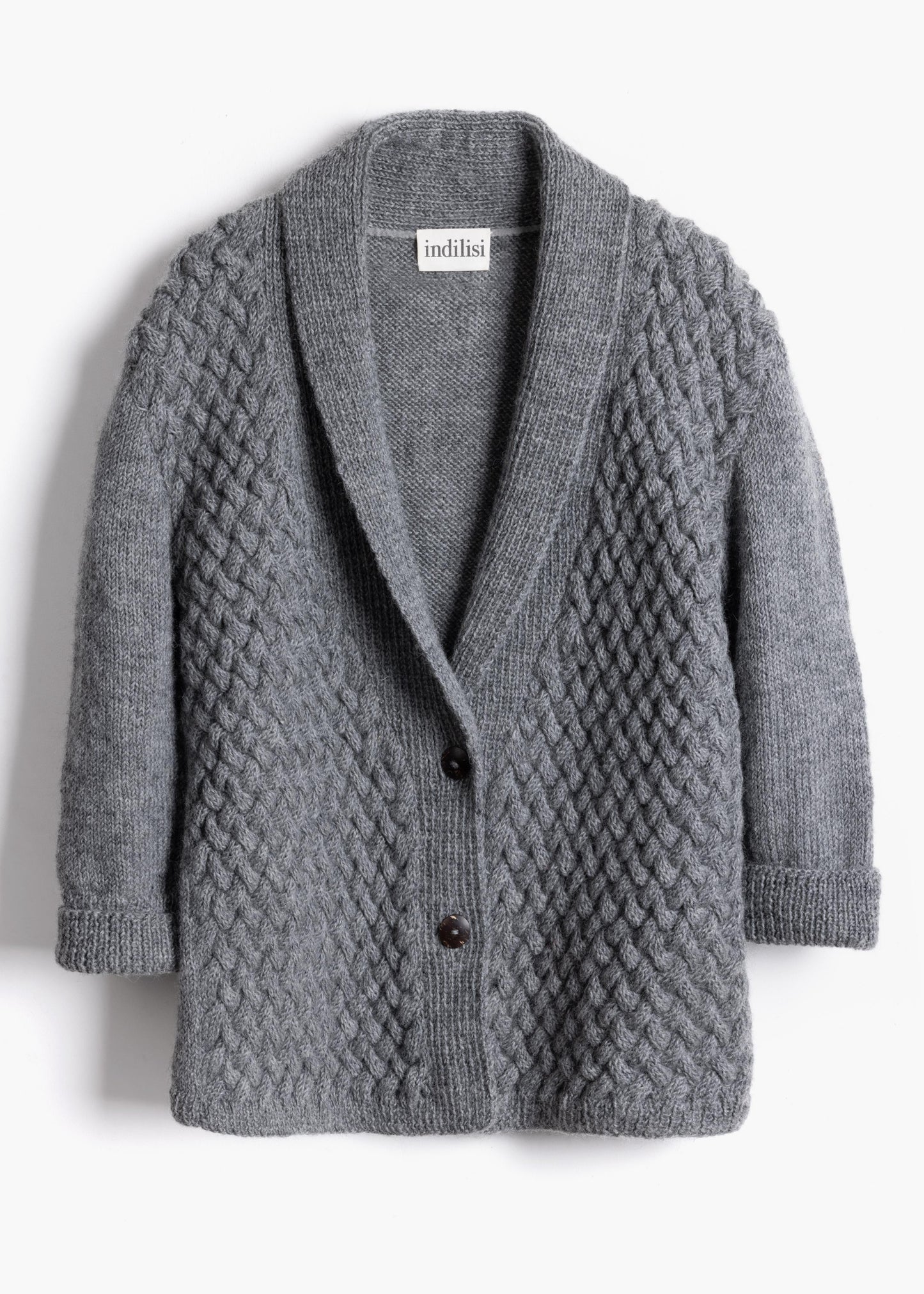 Studio product shot of the dark charcoal grey basket stitch cardigan with coconut shell buttons