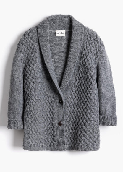 Studio product shot of the dark charcoal grey basket stitch cardigan with coconut shell buttons