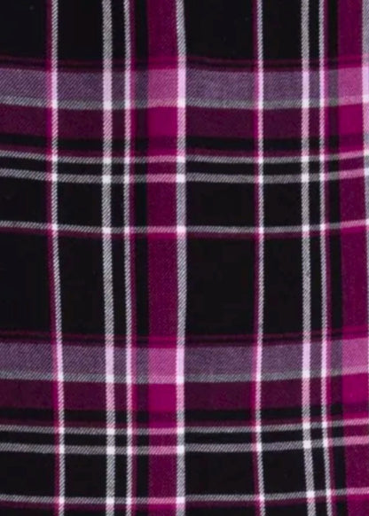 A close-up of a plaid fabric pattern with black, magenta pink, and white stripes.