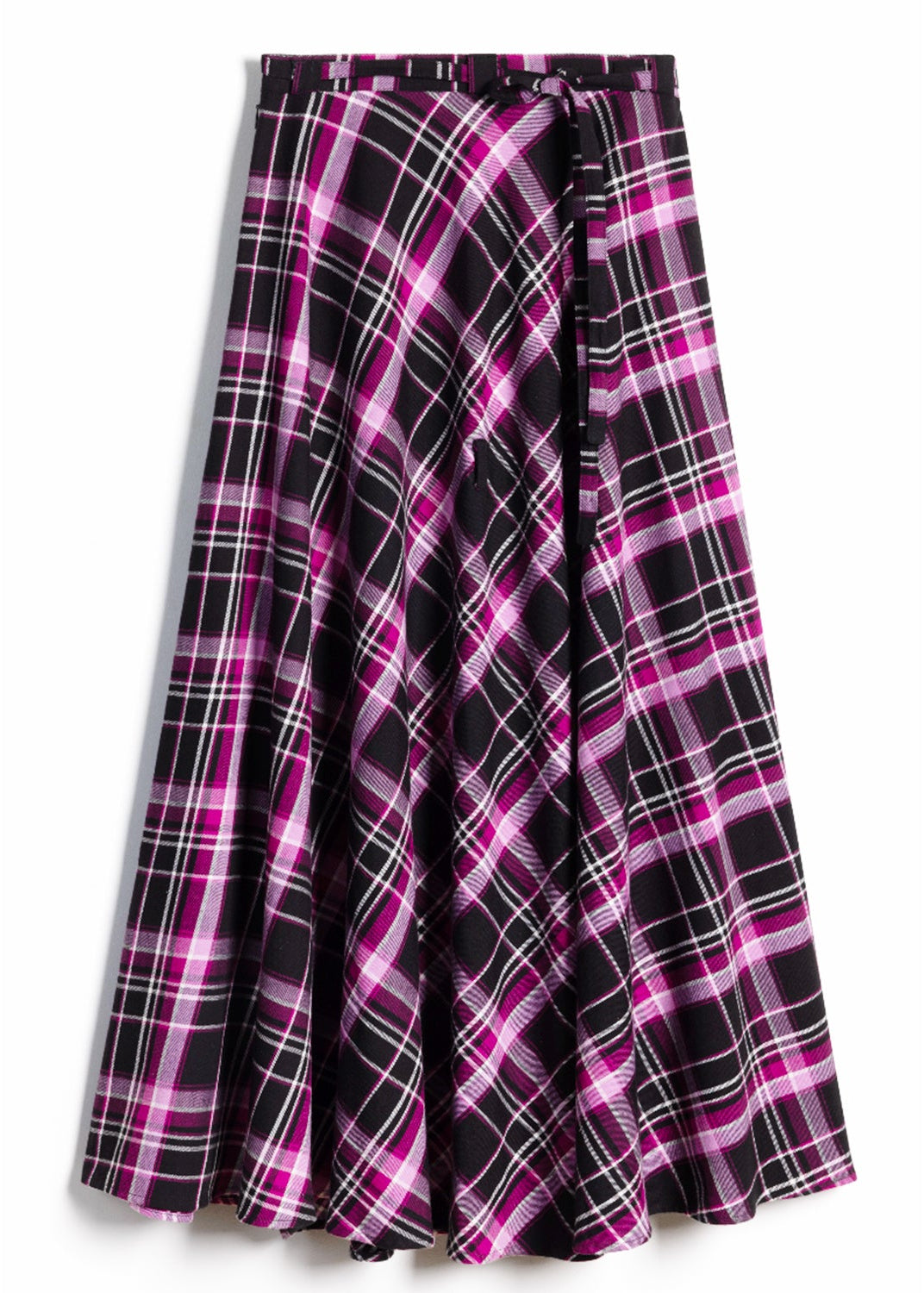 A high-waisted, A-line plaid skirt in black, magenta pink, and white, featuring a wrap-style front with a tie closure at the waist.