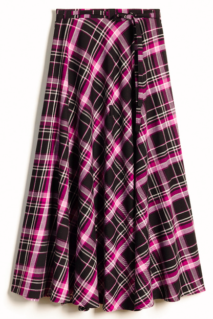 A high-waisted, A-line plaid skirt in black, magenta pink, and white, featuring a wrap-style front with a tie closure at the waist.