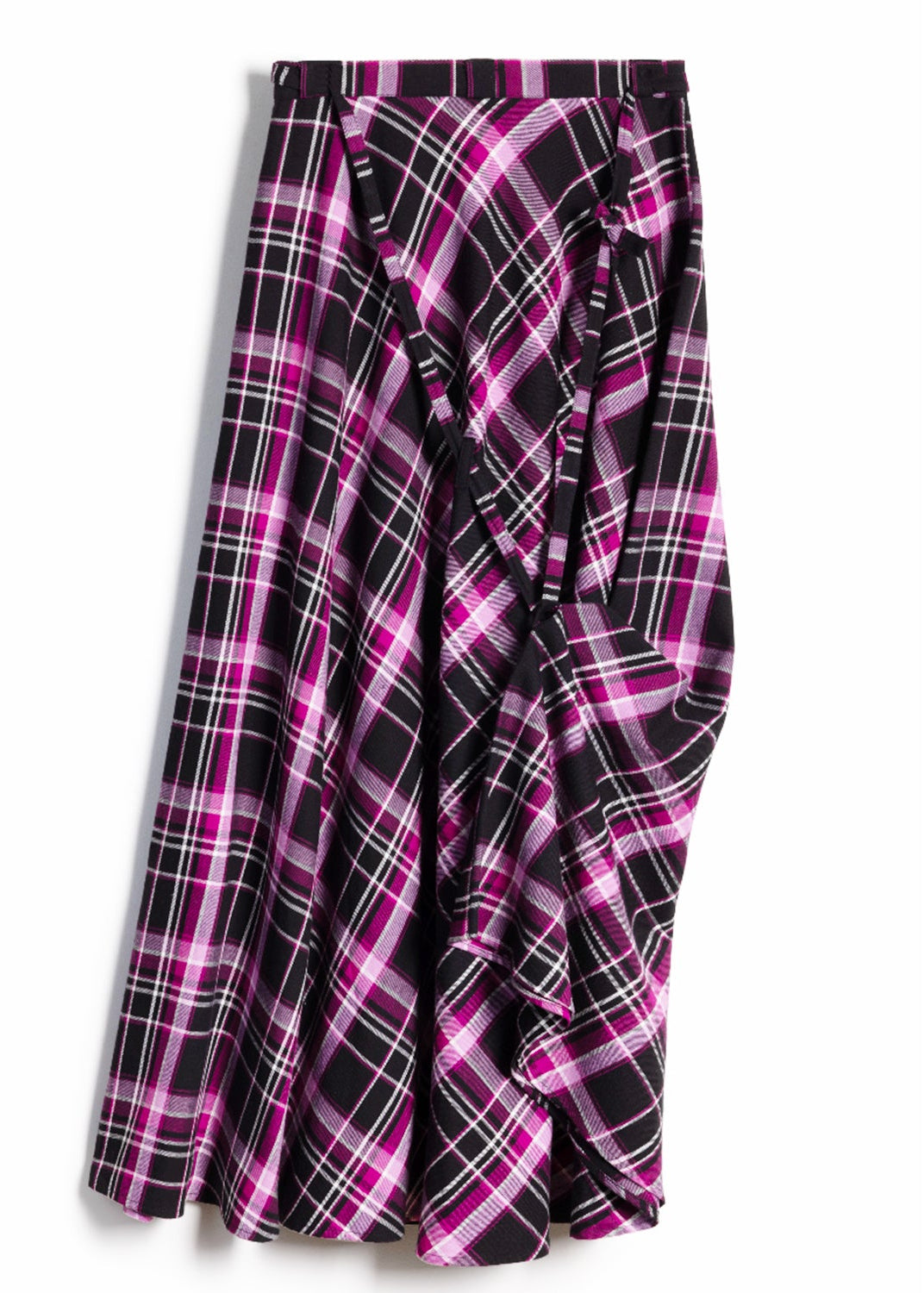 A long wrap-style skirt with a black, pink, and white plaid pattern, displayed against a plain white background.