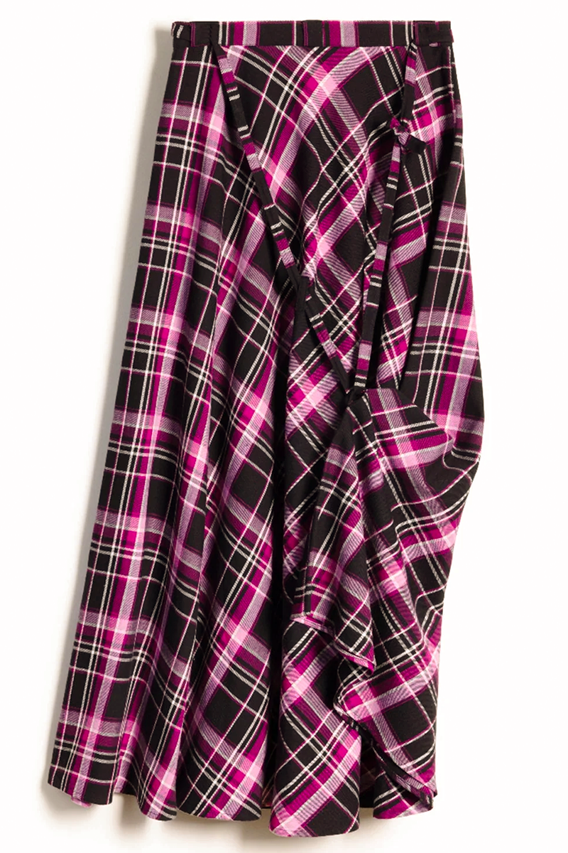 A long wrap-style skirt with a black, pink, and white plaid pattern, displayed against a plain white background.