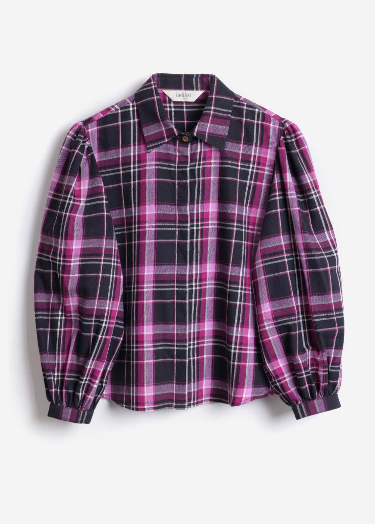A women's long-sleeve plaid button-up shirt in black, pink, and white, featuring dramatic puffed balloon sleeves and a pointed collar, shown flat on a light gray background.