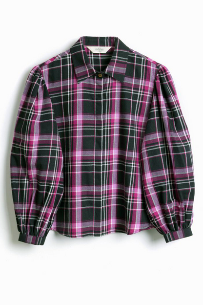 A women's long-sleeve plaid button-up shirt in black, pink, and white, featuring dramatic puffed balloon sleeves and a pointed collar, shown flat on a light gray background.