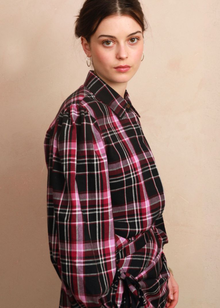 Detail shot showing romantic volume puff sleeves and collar on the Effie Blouse
