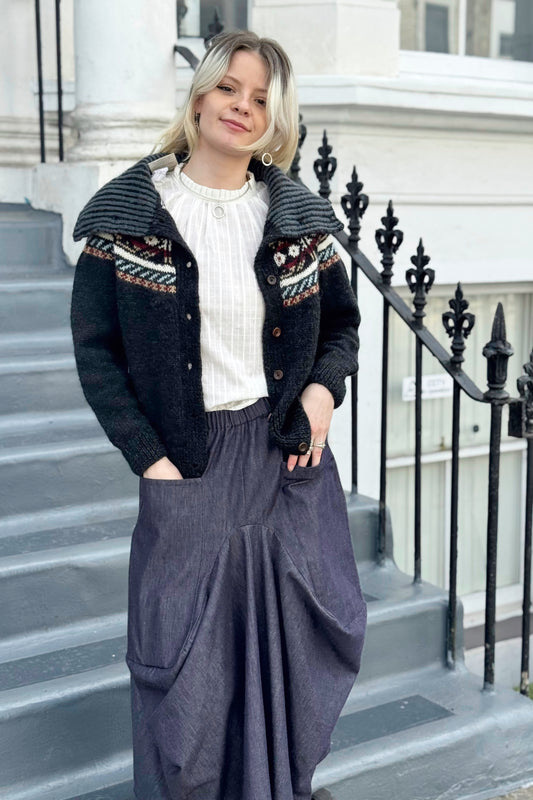 The Phoebe Cardigan with Funnel Neck - Hand Knit with Multi-Pattern in Natural Dark Grey