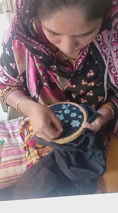 Yuka Yoke Frill Dress with Hand Embroidery - Black