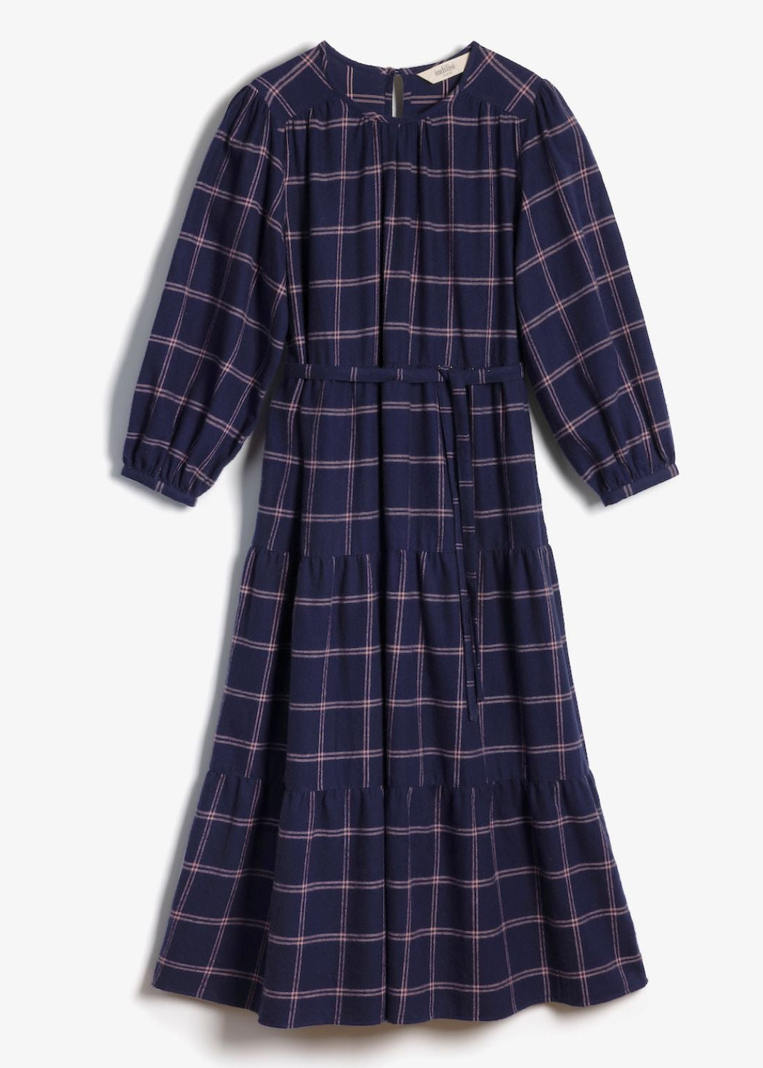 Studio product shot of the Roseby Dress in navy and pink check on a white background showing round neckline