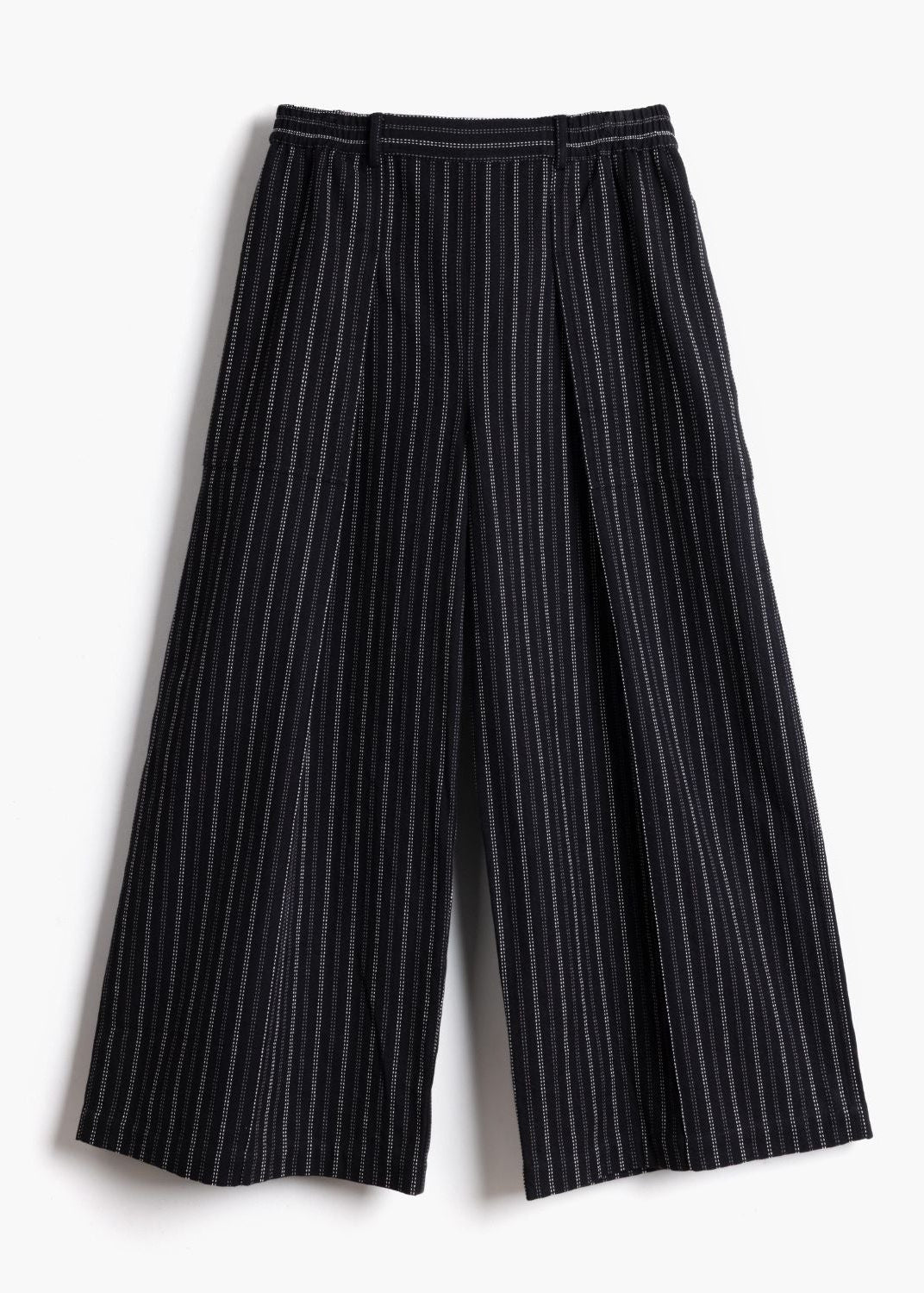 Studio product shot showing the waistband, belt loops, and front pleats on the black stripe Sarah Trousers