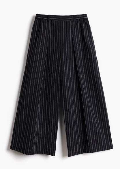 Studio product shot showing the waistband, belt loops, and front pleats on the black stripe Sarah Trousers