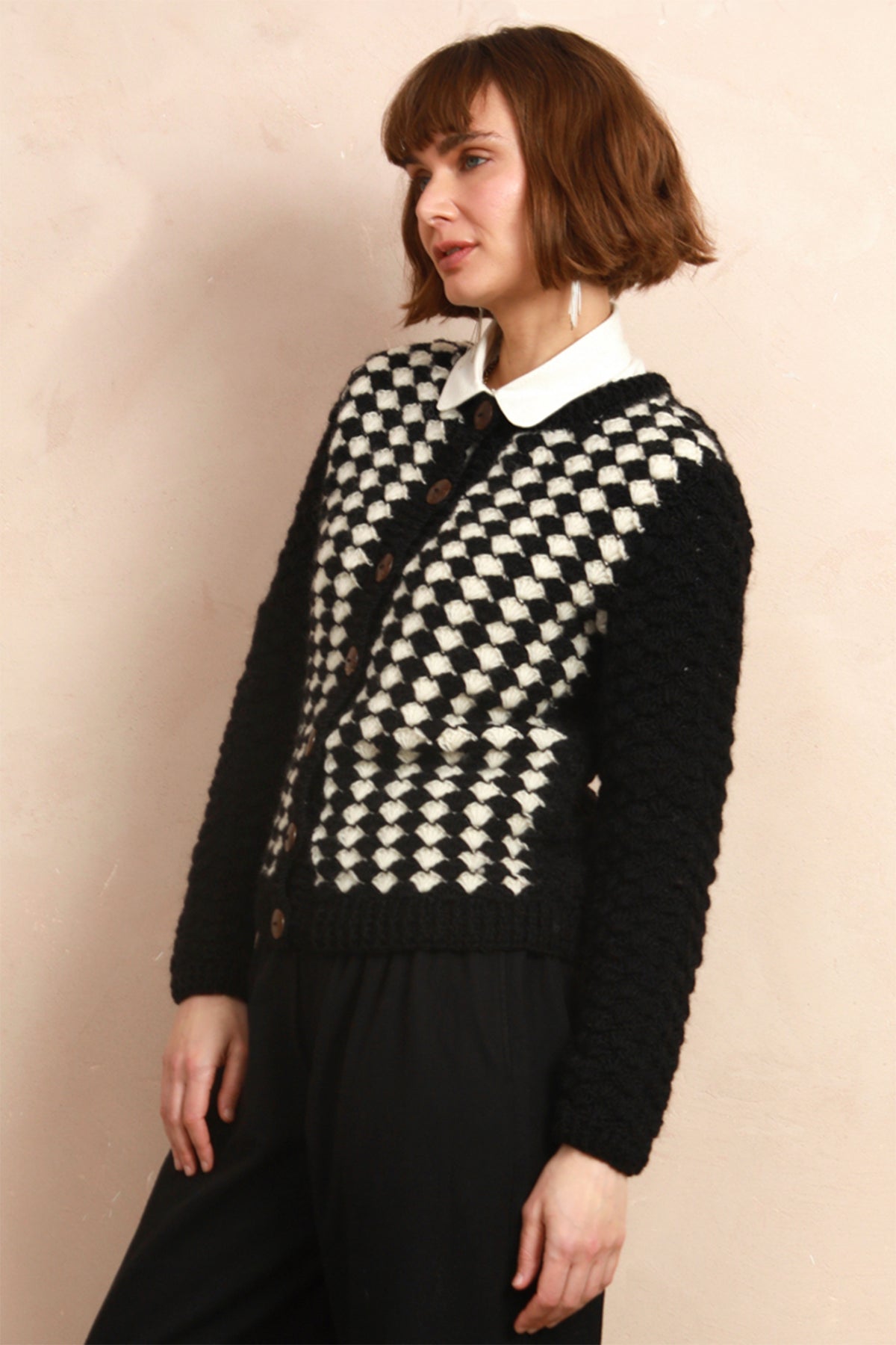 Two-Tone Hand-Crocheted Cardigan - Black & White - 100% Sheep Wool
